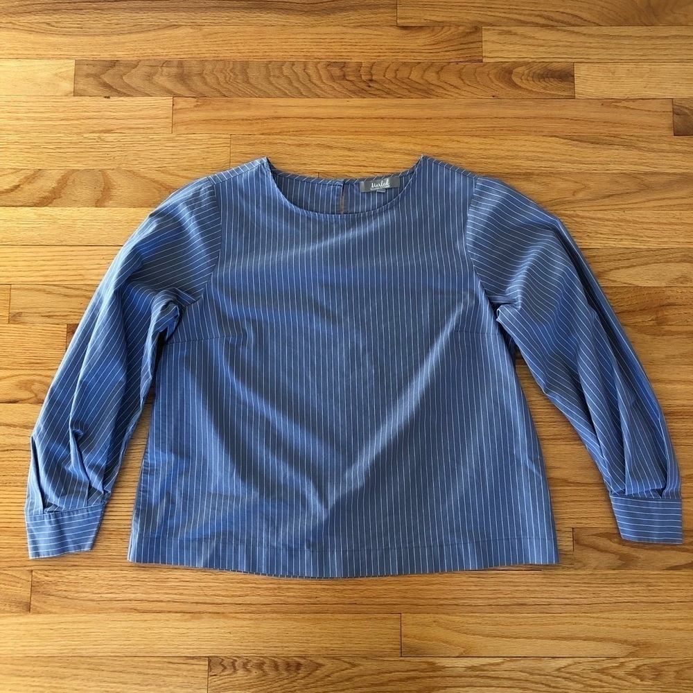 Marled Blouse Long Sleeved Blue & White Stripes Balloon Sleeves XL